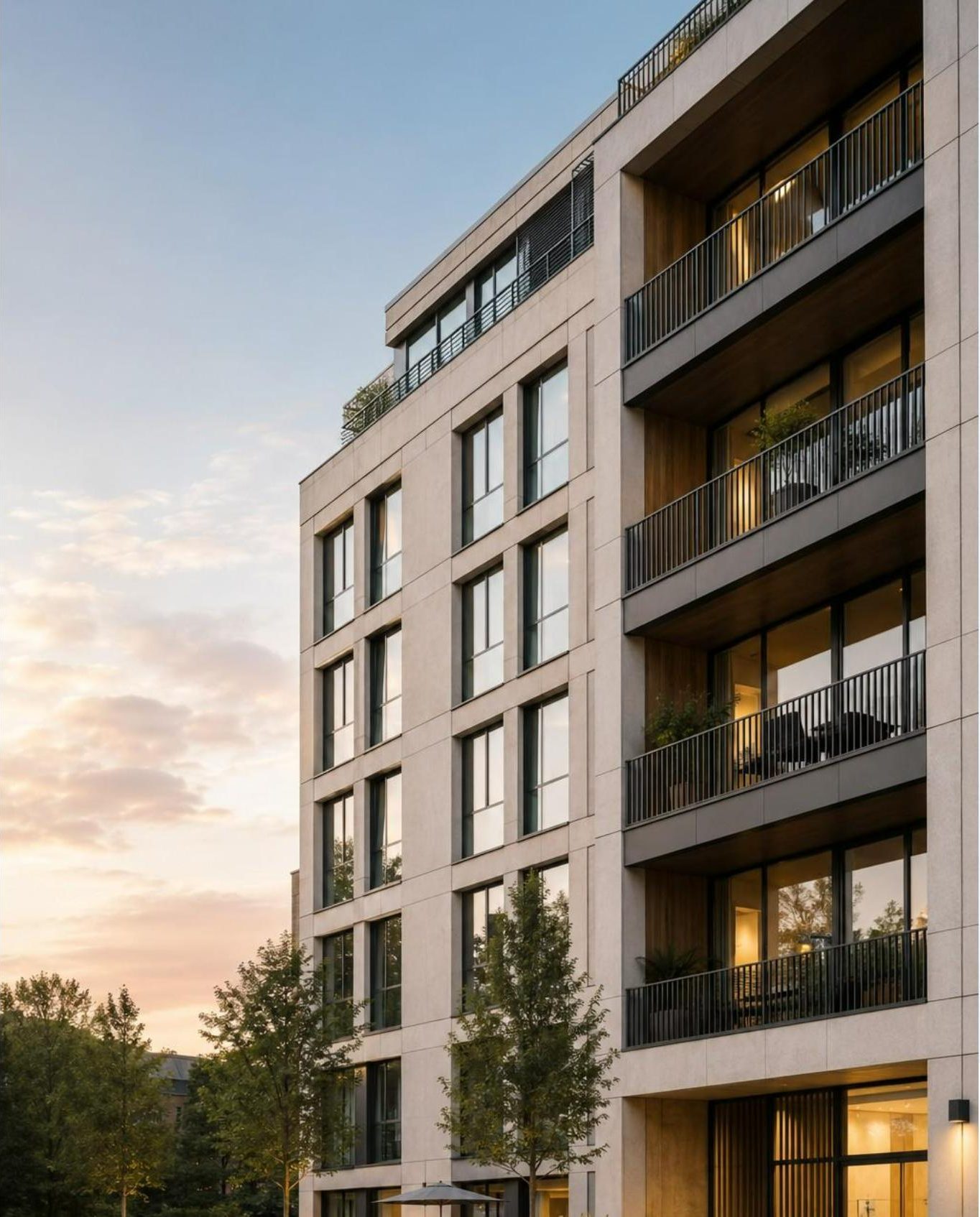 Modernes Apartmentgebäude in der Abenddämmerung